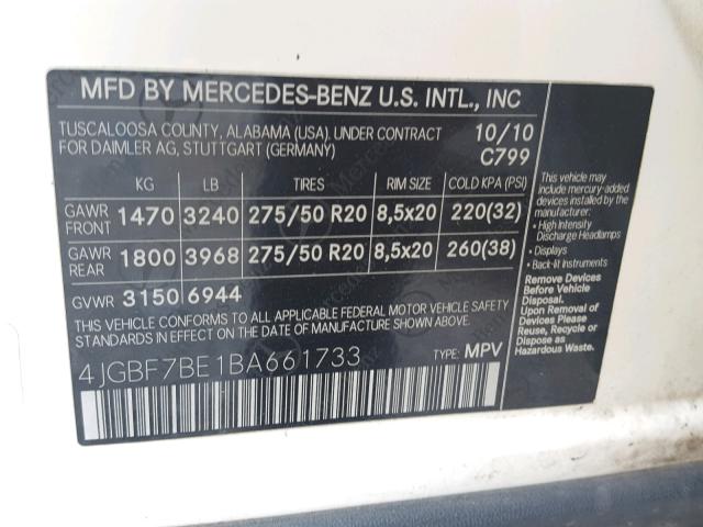 4JGBF7BE1BA661733 - 2011 MERCEDES-BENZ GL 450 4MA WHITE photo 10