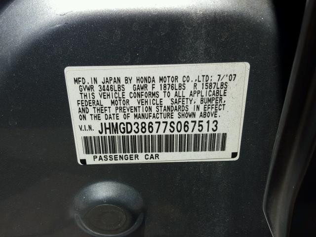 JHMGD38677S067513 - 2007 HONDA FIT S 灰色 照片 10