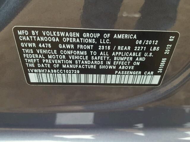 1VWBH7A38CC102729 - 2012 VOLKSWAGEN PASSAT GRAY photo 10