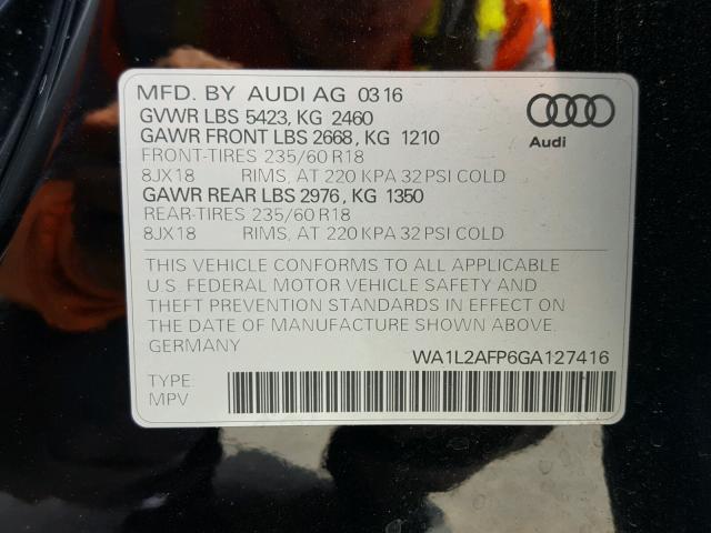 WA1L2AFP6GA127416 - 2016 AUDI Q5 PREMIUM BLACK photo 10