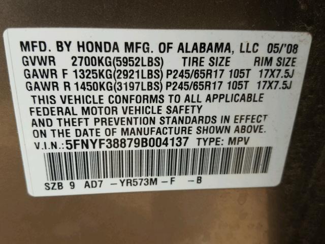 5FNYF38879B004137 - 2009 HONDA PILOT TOUR TAN photo 10