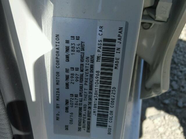 JM1BN1W38H1104968 - 2017 MAZDA 3 GRAND TO WHITE photo 10