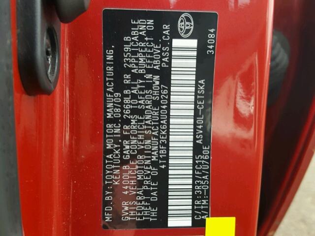 4T1BF3EK6AU040267 - 2010 TOYOTA CAMRY RED photo 10