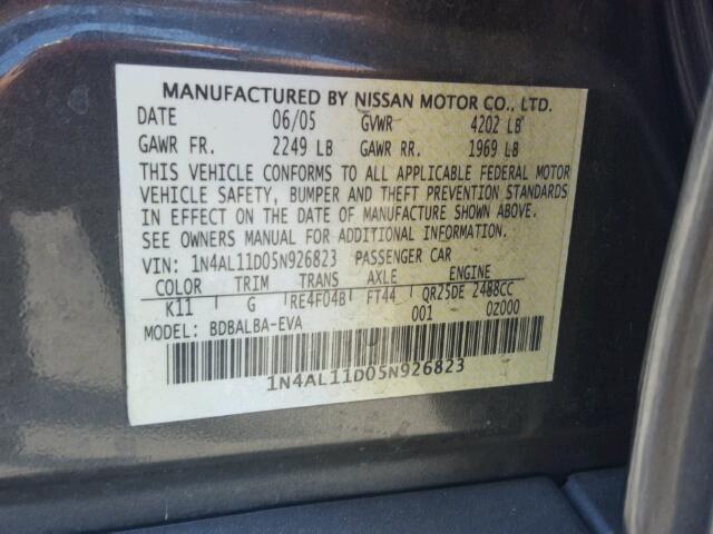 1N4AL11D05N926823 - 2005 NISSAN ALTIMA S GRAY photo 10