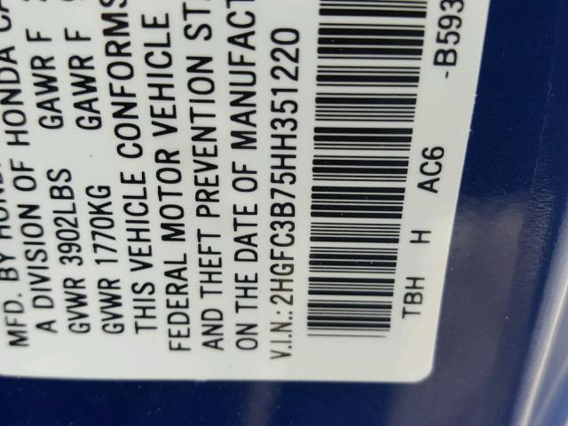 2HGFC3B75HH351220 - 2017 HONDA CIVIC EXL 蓝色 照片 10