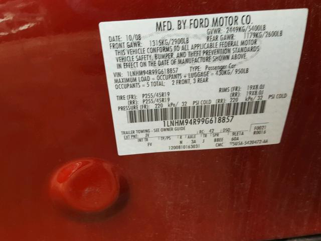 1LNHM94R99G618857 - 2009 LINCOLN MKS RED photo 10