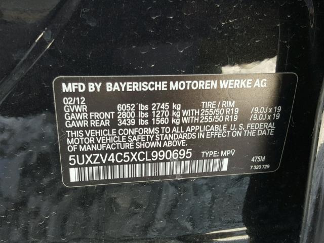 5UXZV4C5XCL990695 - 2012 BMW X5 XDRIVE3 BLACK photo 10