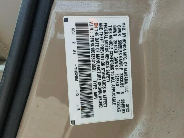 5FNRL18012B010601 - 2002 HONDA ODYSSEY EX BLACK photo 10