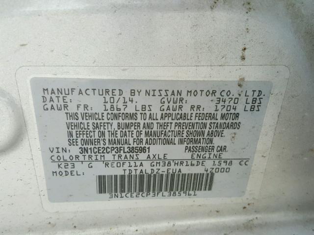 3N1CE2CP3FL385961 - 2015 NISSAN VERSA NOTE GRAY photo 10