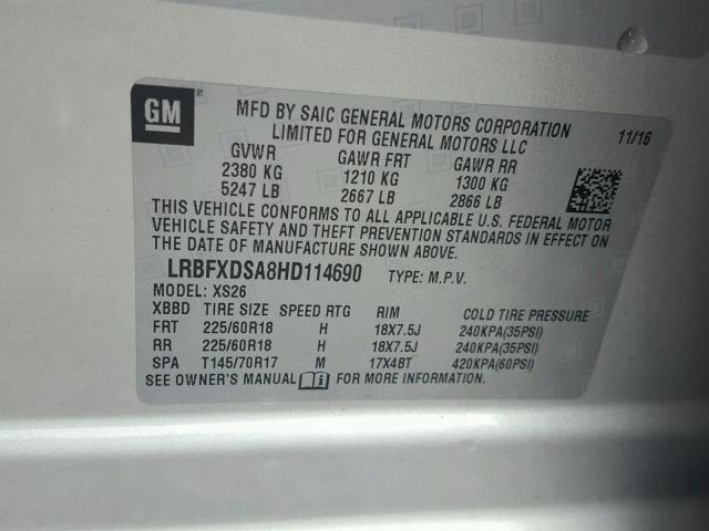 LRBFXDSA8HD114690 - 2017 BUICK ENVISION E SILVER photo 10