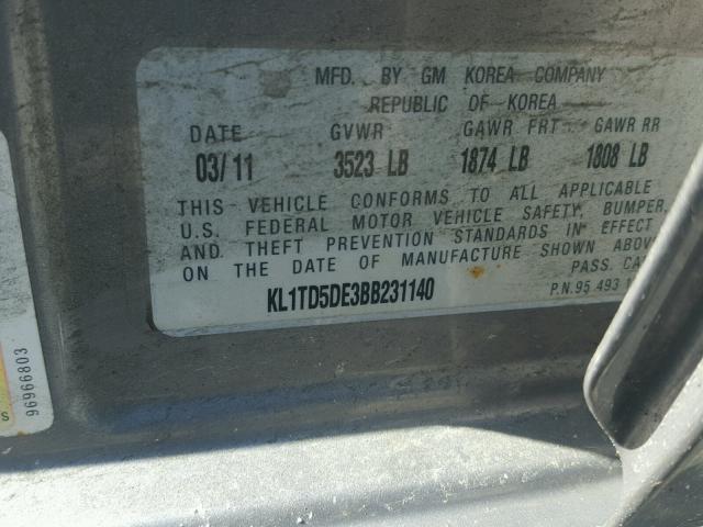 KL1TD5DE3BB231140 - 2011 CHEVROLET AVEO LS 灰色 照片 10