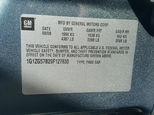 1G1ZG57B29F127830 - 2009 CHEVROLET MALIBU LS 绿色 照片 10