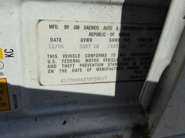 KL1TD666X7B759017 - 2007 CHEVROLET AVEO BASE Ақ фото 10