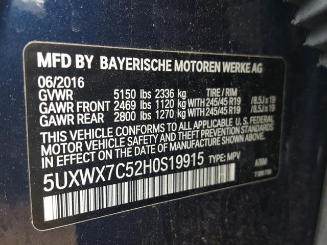 5UXWX7C52H0S19915 - 2017 BMW X3 XDRIVE3 BLUE photo 10