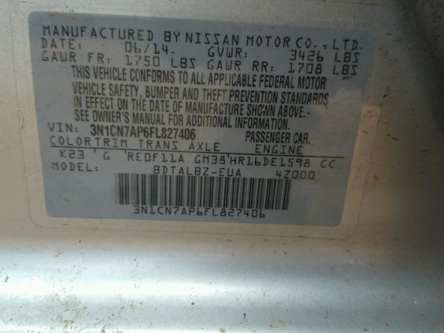 3N1CN7AP6FL827406 - 2015 NISSAN VERSA S/S SILVER photo 10