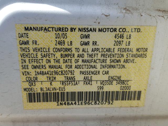 1N4BA41E96C820792 - 2006 NISSAN MAXIMA SE WHITE photo 10