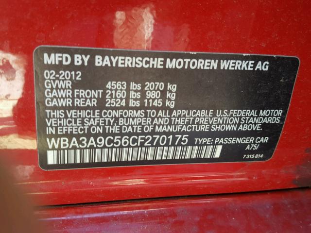 WBA3A9C56CF270175 - 2012 BMW 335 I RED photo 10