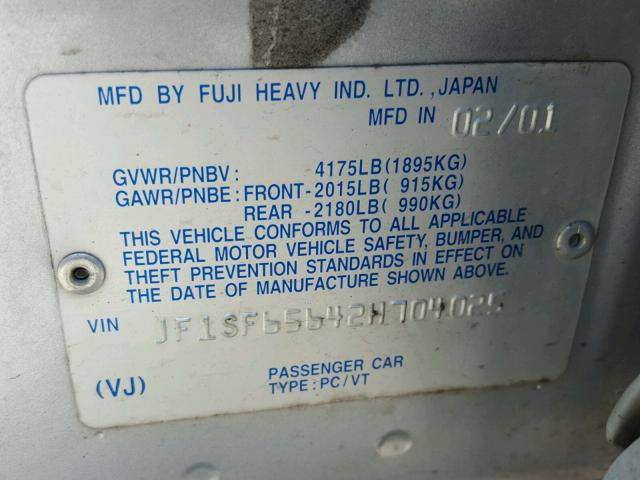 JF1SF65642H704025 - 2002 SUBARU FORESTER S SILVER photo 10