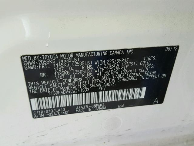 2T3DF4DV4CW241833 - 2012 TOYOTA RAV 4 WHITE photo 10