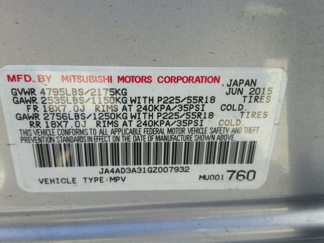 JA4AD3A31GZ007932 - 2016 MITSUBISHI OUTLANDER SILVER photo 10