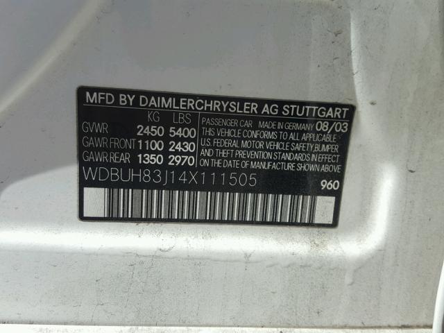 WDBUH83J14X111505 - 2004 MERCEDES-BENZ E 500 4MAT WHITE photo 10