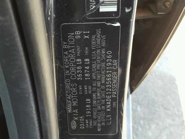 KNADE123566119360 - 2006 KIA RIO BLACK photo 10