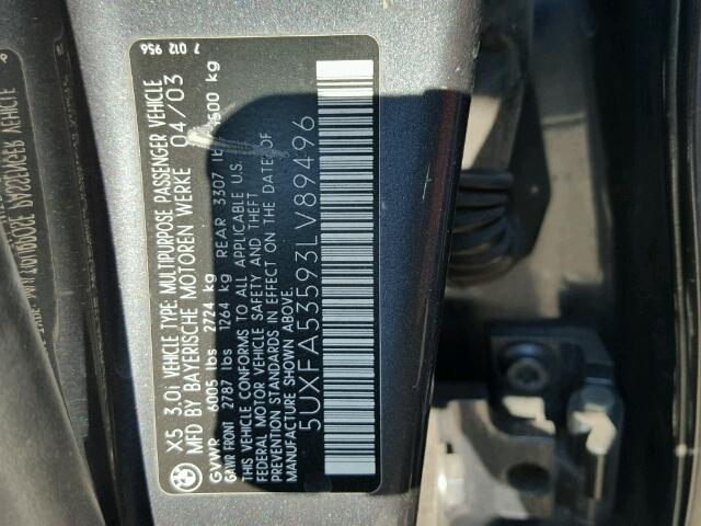 5UXFA53593LV89496 - 2003 BMW X5 3.0I GRAY photo 10