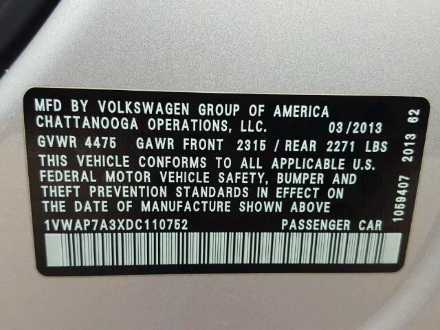 1VWAP7A3XDC110752 - 2013 VOLKSWAGEN PASSAT S SILVER photo 10