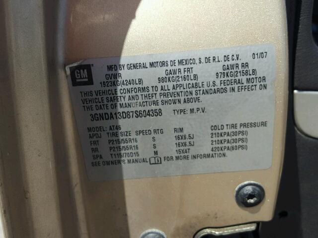 3GNDA13D87S604358 - 2007 CHEVROLET HHR LS GOLD photo 10