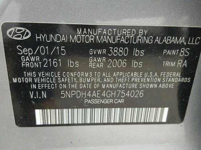 5NPDH4AE4GH754026 - 2016 HYUNDAI ELANTRA SE GRAY photo 10