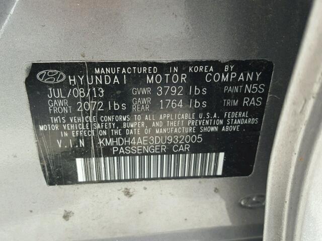 KMHDH4AE3DU932005 - 2013 HYUNDAI ELANTRA SILVER photo 10