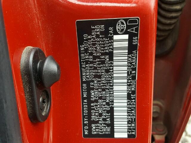 2T1BU4EE4AC504423 - 2010 TOYOTA COROLLA BA RED photo 10