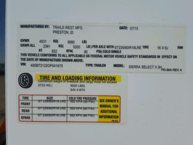 49SB72122GP041675 - 2015 TRWS HORSE TRAI WHITE photo 10