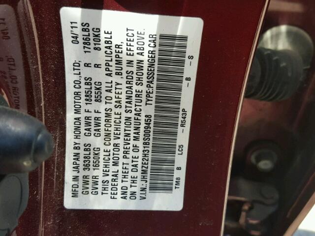 JHMZE2H31BS009458 - 2011 HONDA INSIGHT BURGUNDY photo 10