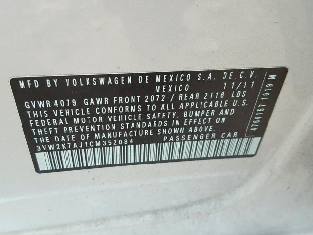 3VW2K7AJ1CM352084 - 2012 VOLKSWAGEN JETTA BASE 银色 照片 10
