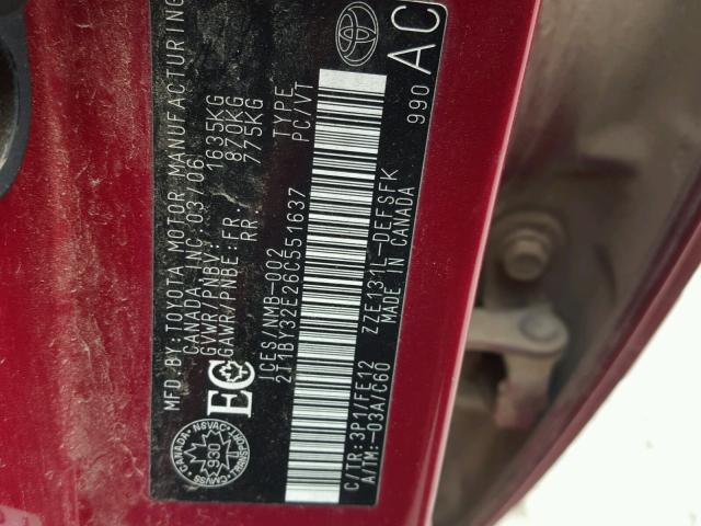 2T1BY32E26C551637 - 2006 TOYOTA COROLLA XR 红色 照片 10