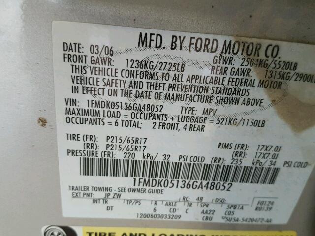 1FMDK05136GA48052 - 2006 FORD FREESTYLE SILVER photo 10