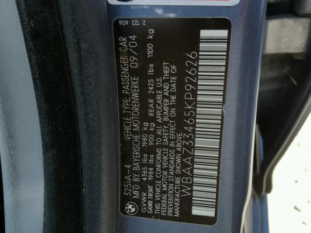 WBAAZ33465KP92626 - 2005 BMW 325 IS SUL BLUE photo 10