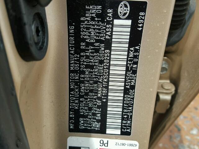 4T1BF1FK5CU120259 - 2012 TOYOTA CAMRY BASE GOLD photo 10