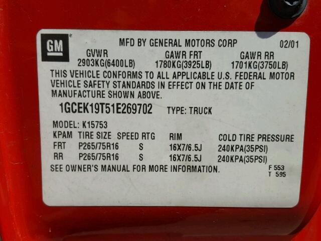 1GCEK19T51E269702 - 2001 CHEVROLET SILVERADO RED photo 10