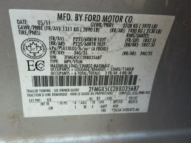 2FMGK5CC2BBD35687 - 2011 FORD FLEX SEL SILVER photo 10