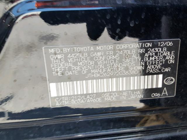 JTHBK262972038380 - 2007 LEXUS IS 250 BLACK photo 10