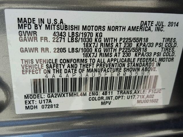 4A4AP3AU5FE003595 - 2015 MITSUBISHI OUTLANDER SILVER photo 10