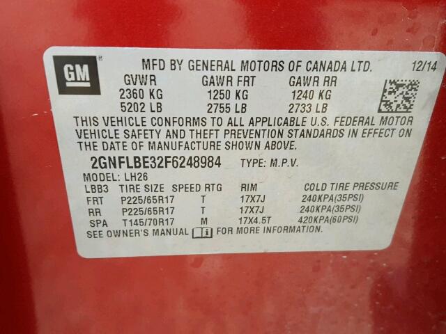 2GNFLBE32F6248984 - 2015 CHEVROLET EQUINOX LT RED photo 10