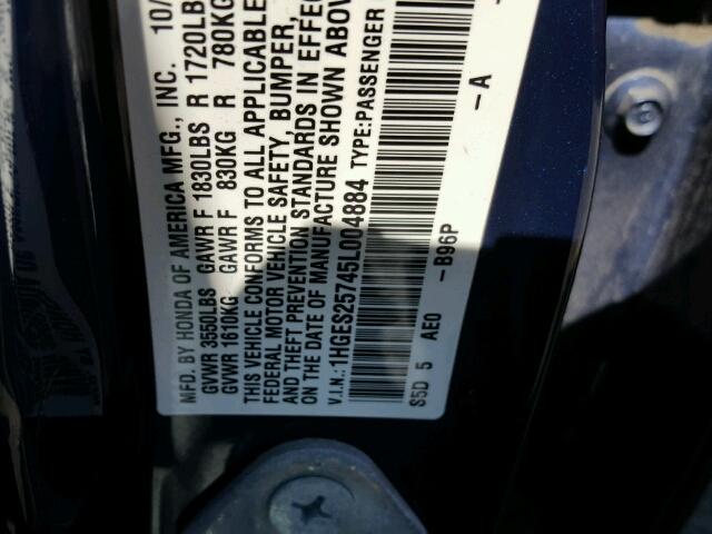 1HGES25745L004884 - 2005 HONDA CIVIC EX BLUE photo 10