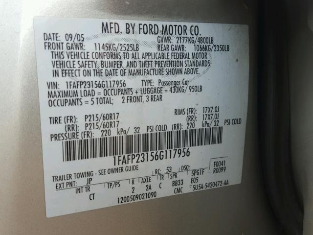 1FAFP23156G117956 - 2006 FORD FIVE HUNDR SILVER photo 10