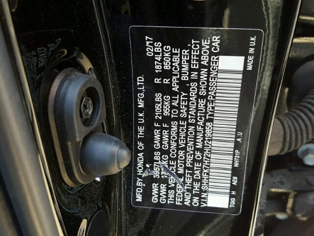 SHHFK7H72HU219858 - 2017 HONDA CIVIC EXL BLACK photo 10