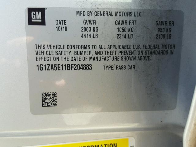 1G1ZA5E11BF204883 - 2011 CHEVROLET MALIBU LS Gümüş foto 10