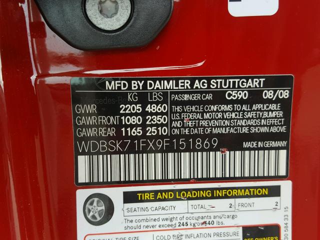 WDBSK71FX9F151869 - 2009 MERCEDES-BENZ SL 550 RED photo 10