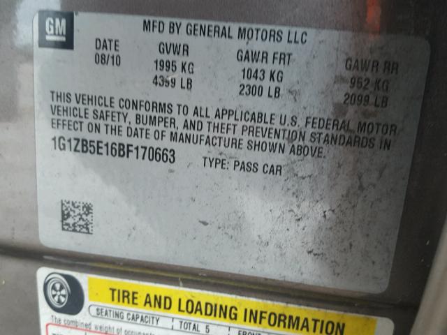 1G1ZB5E16BF170663 - 2011 CHEVROLET MALIBU LS 棕色 照片 10